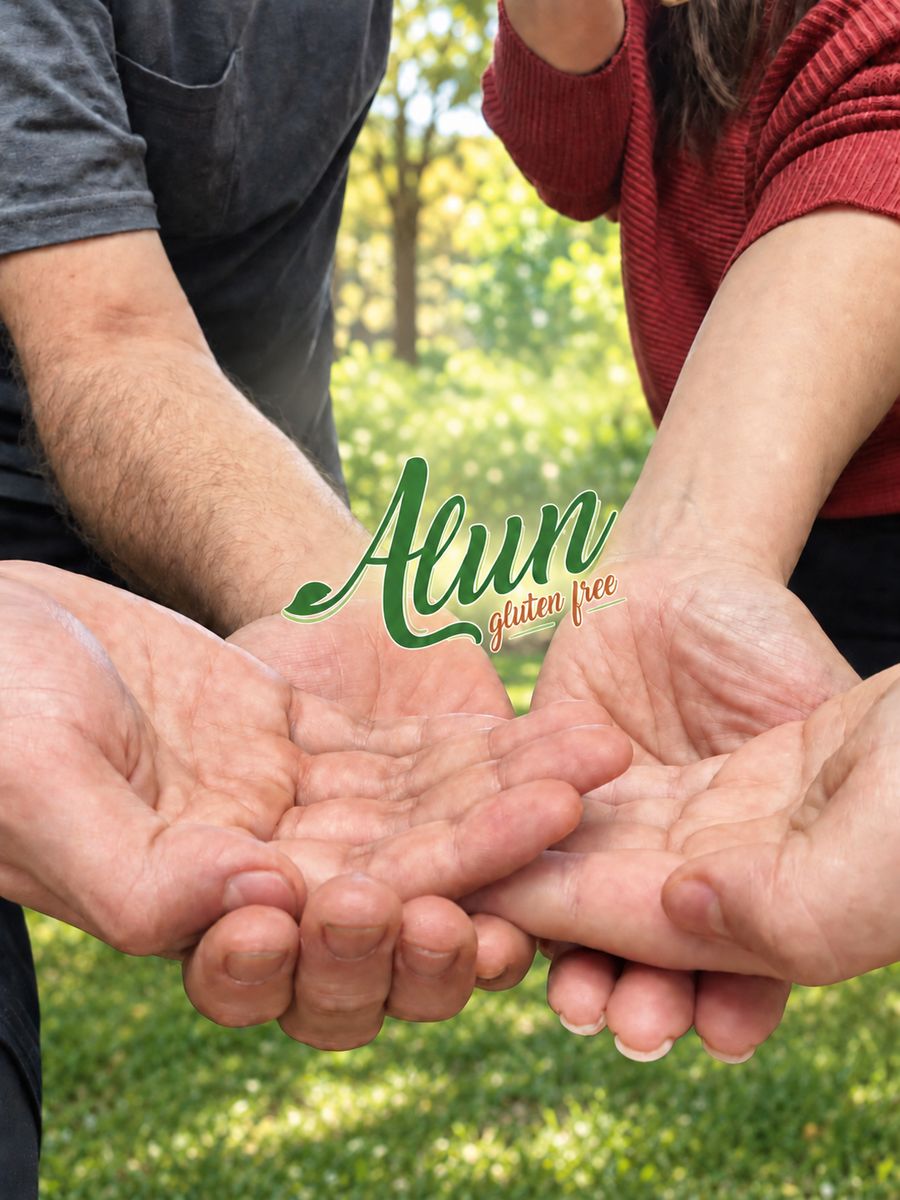 Cuatro manos abiertas y unidas sobre el pasto, con el logo de Alun al centro